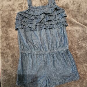 Cherokee Toddler Girls 3T Chambray Denim Ruffle Romper Bow Strap Summer